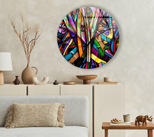 The realistic detail highlights the vibrant, geometric lines of this stained glass wall art decor, adding a dynamic focal point above a modern cabinet.