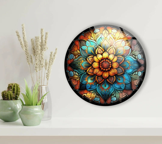 High color saturation enhances the beauty of this mandala round flower glass wall art, making it a vibrant statement piece for elegant home decor.
