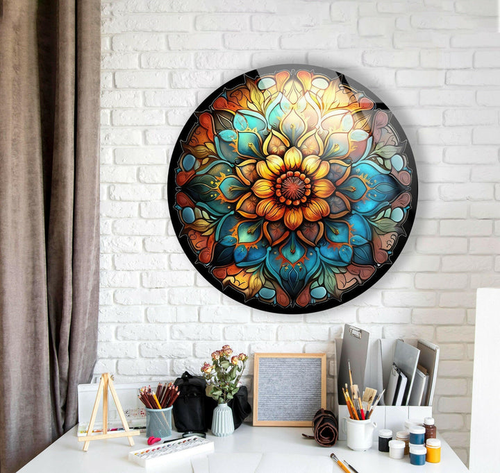 Mandala Round Flower Glass Wall Art glass image printing, glass prints from photos
