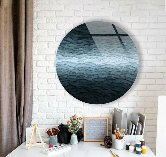 Fluid white details black abstract round glass art evokes a sense of movement across its rippling layers in this captivating piece of glass art.
