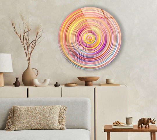 Featuring the darkest area of a Pink Circles Abstract Round Glass Wall Art, this colorful circle offers a unique home decoration with its lively design.
