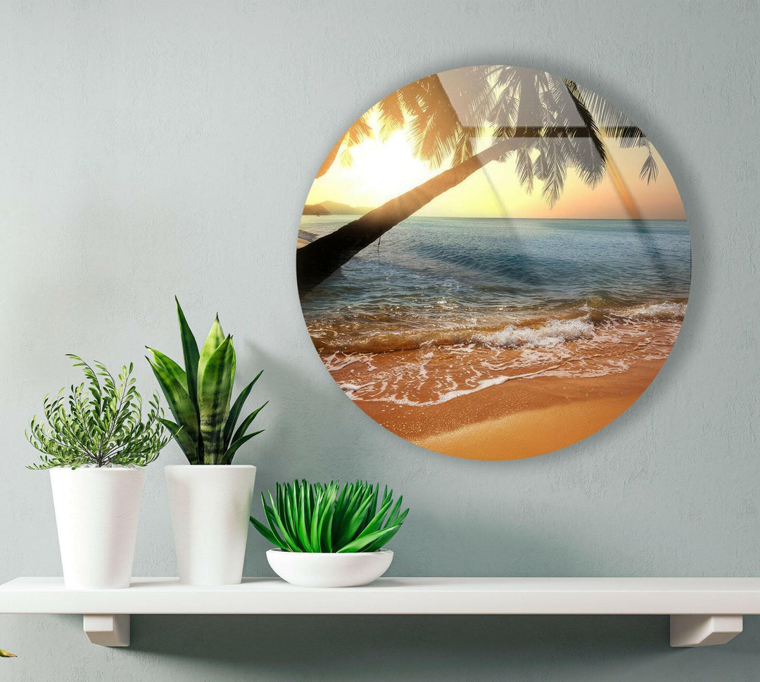 Tropical Sunset Round Glass Wall Art glass art painting, glass art for the Wall
