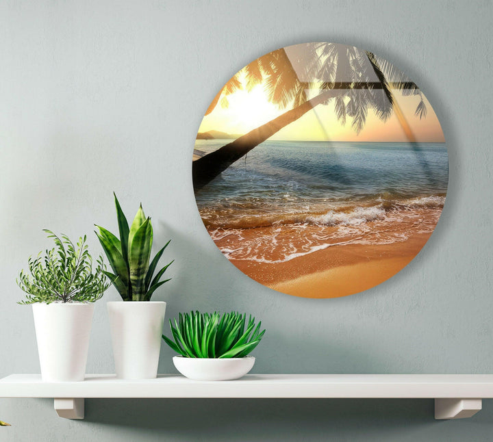 Tropical Sunset Round Glass Wall Art glass art painting, glass art for the Wall
