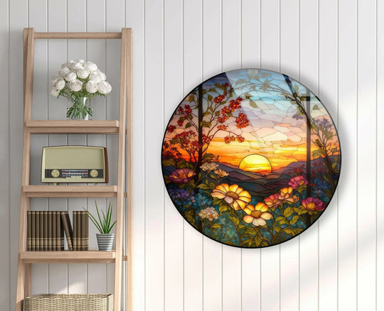 Calmness emanates from this round glass wall artwork featuring a vibrant sunset and natural motifs, creating a serene and inviting atmosphere.