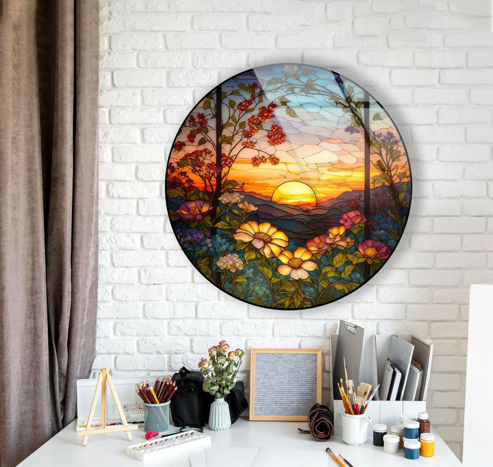 Runde Wanddekoration aus Buntglas mit natürlichen Motiven