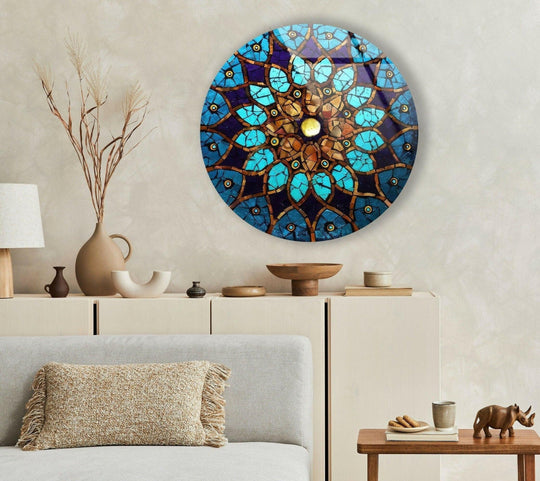 The focal point showcases an exquisite blue mosaic design round glass wall art enhanced with vibrant wall art prints, bringing timeless geometric elegance to any space.