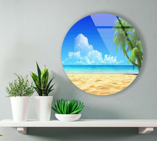 Warm color temperature radiates from the tropical landscape round glass wall artwork, featuring a sun-soaked beach and azure sky.