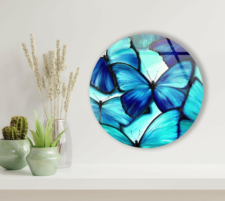 Blue Butterfly Round Glass Wall Art glass image printing, glass prints from photos
