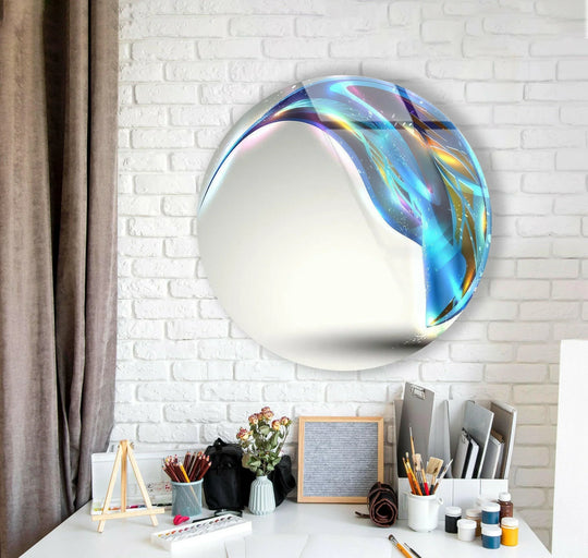 The stillness emanates from the fantastic blue abstract round glass wall art decor, hanging above a tidy workspace.