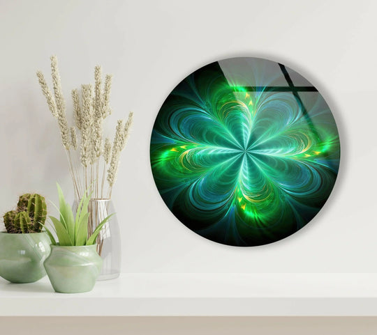 The realistic detail highlights the mesmerizing green abstract design of this round glass decorative wall art, reflecting light and adding a modern touch.