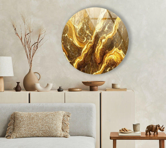 Highlighting the realistic detail, a gold marble abstract round glass wall art piece offers luxurious home decoration with swirling golden patterns and remarkable clarity.