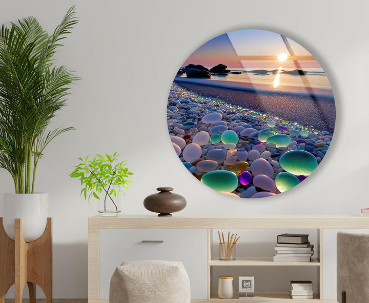 Sunset Stones Round Glass Wall Art picture on glass wall art, photos printed on glass
