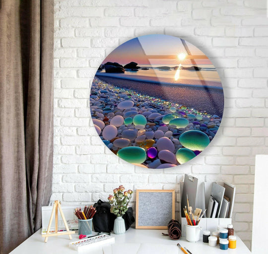 Round glass wall art sunset stones design with colorful hues and glossy finish and glass photo prints a perfect piece on a white wall