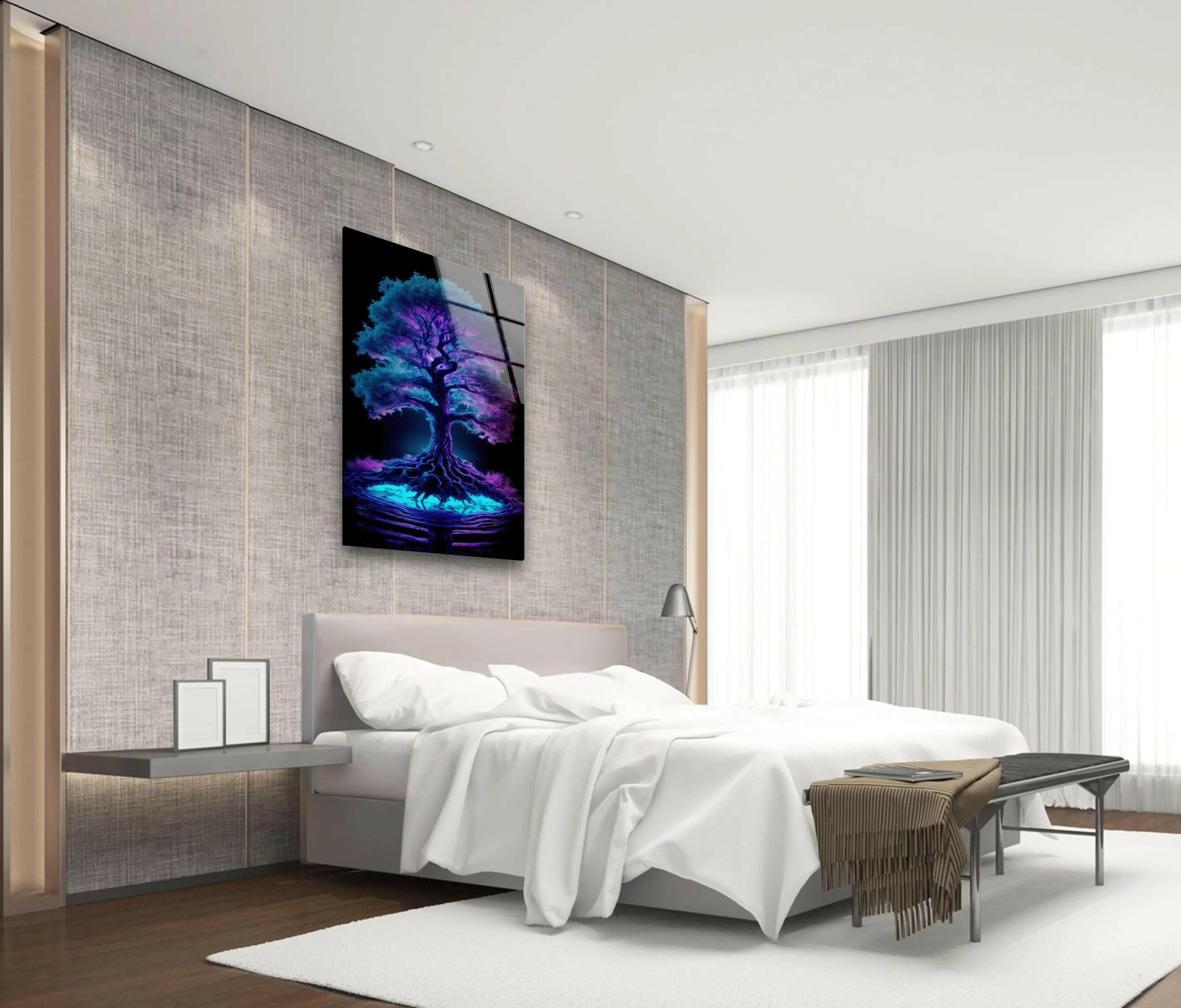Blue Purple Tree Stained Tempered Glass Wall Art