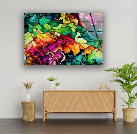 A horizontal, rectangular stained alcohol ink glass art piece displays vibrant, flowing abstract shapes.
