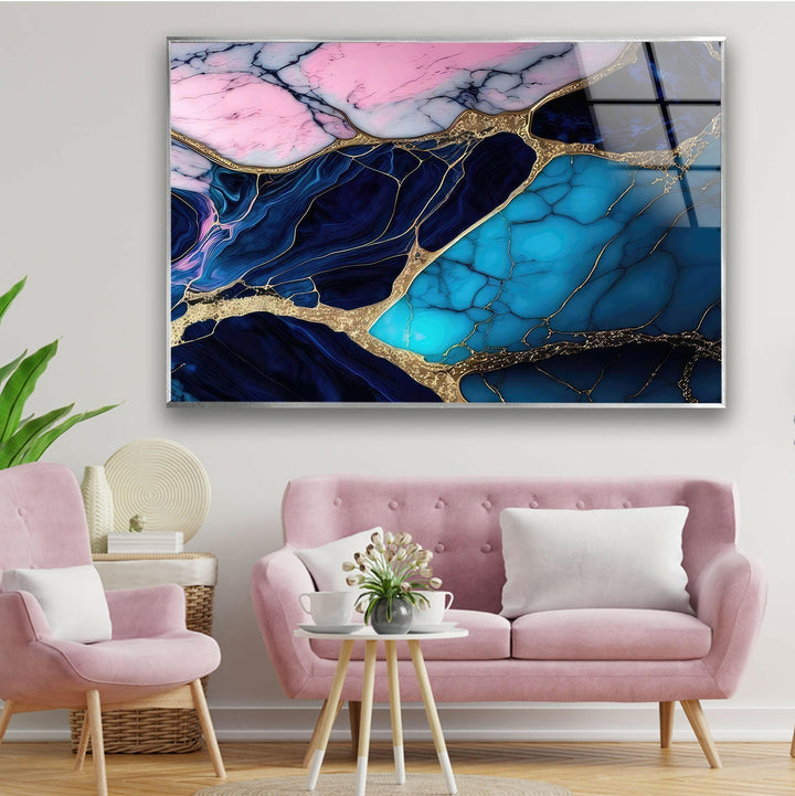 Wandbild aus Glas mit blauer und rosa Marmorstruktur