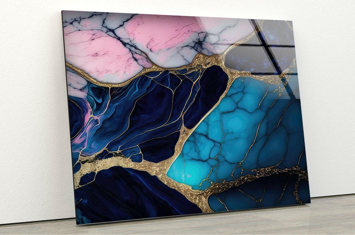 Blue and Pink Marble Texture Glass Wall Art Painting 