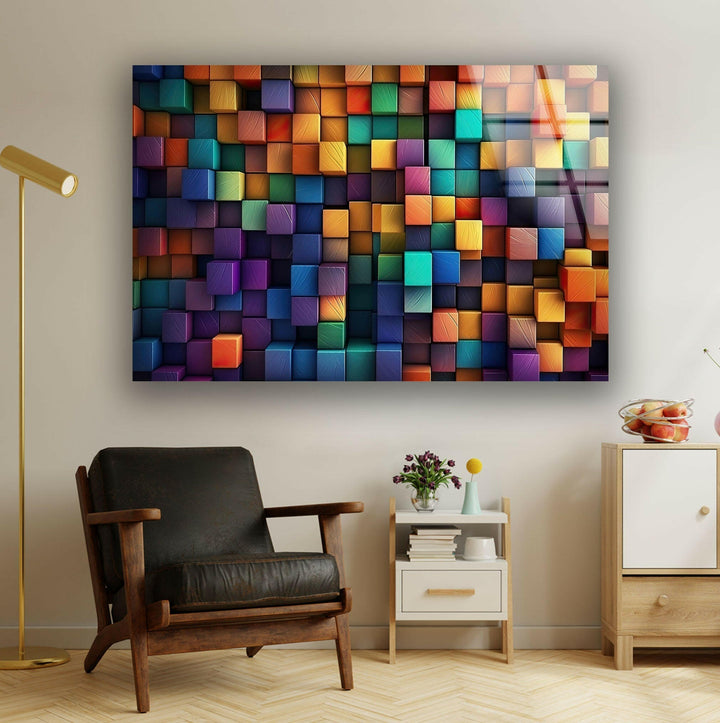 Colorful Abstract Cubes Glass Wall Art