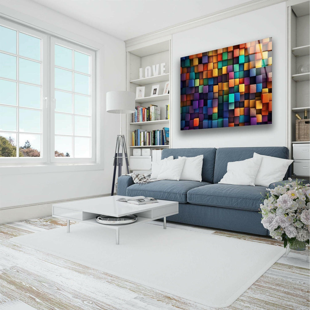 Colorful Abstract Cubes Glass Wall Art