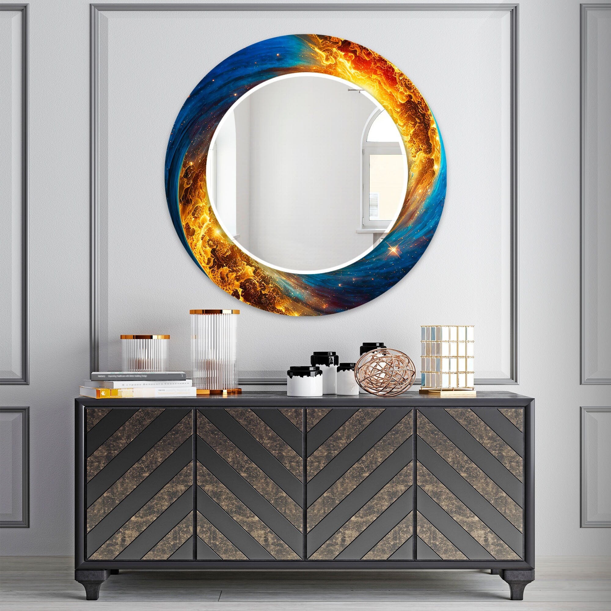 Abstract Tempered Glass Wall Mirror