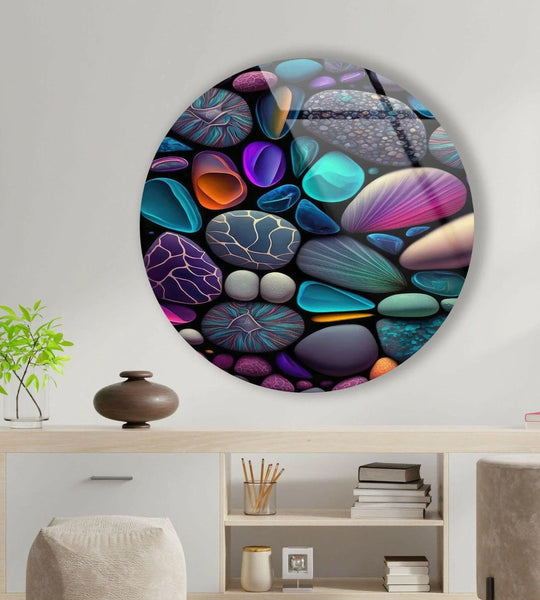 Colorful zen spa stones in this round glass wall art seem to swirl and ripple across the surface thanks to glass printing, creating a dynamic focal point.