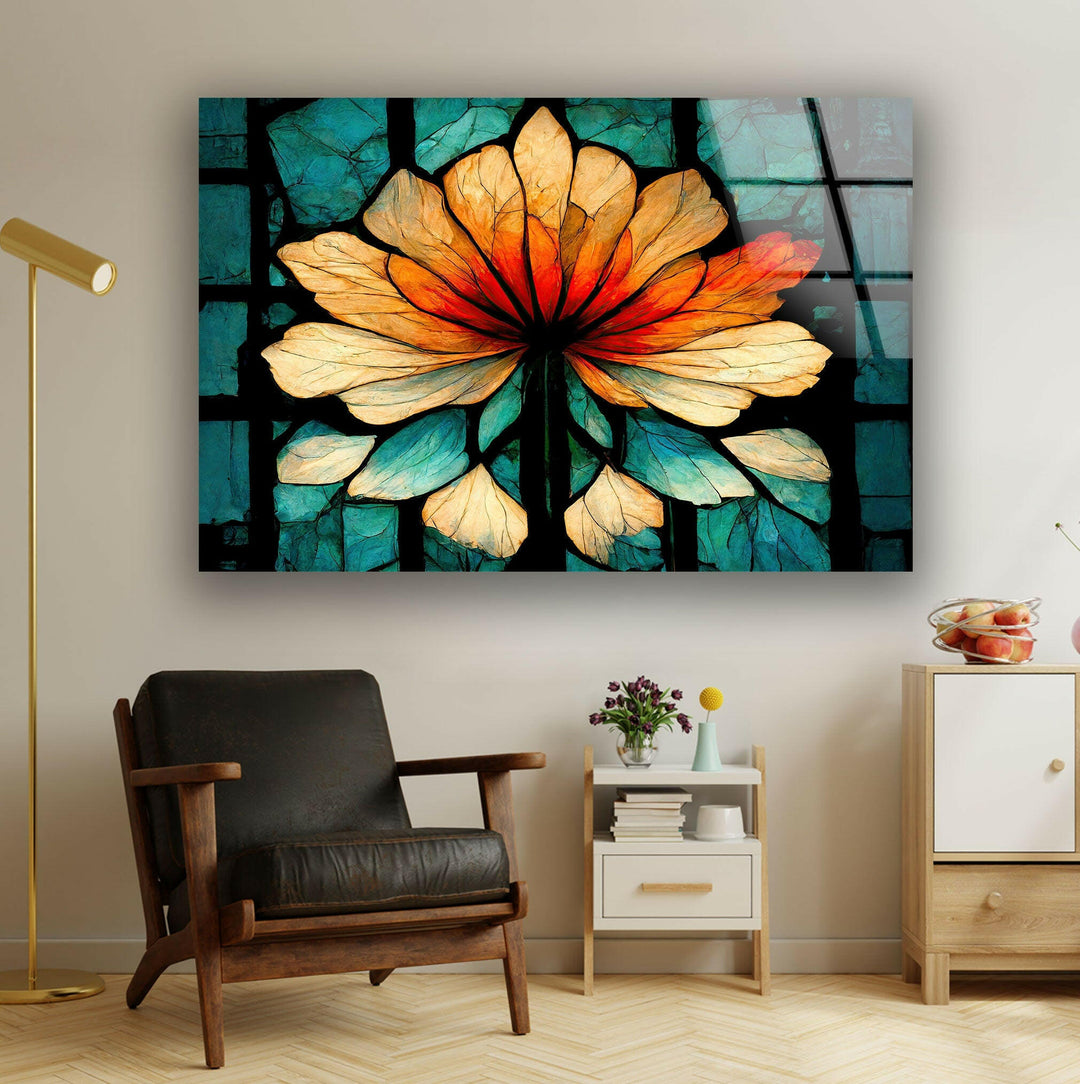 Stained Orange Floral Glass Wall Art Glass Printing Wall Art, Print photos on glass