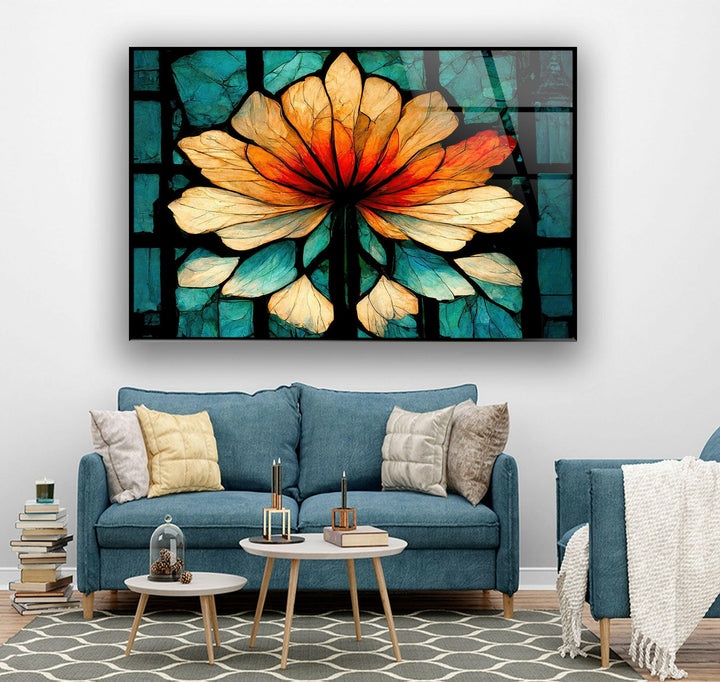 Stained Orange Floral Glass Wall Art glass image printing, glass prints from photos