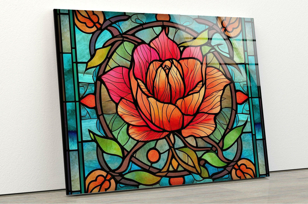 Red Floral Stained Glass Wall Art photo print on glass, prints on glass wall art