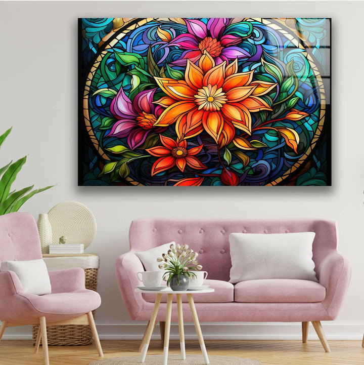 Vintage Floral Stained Glass Wall Art Glass Printing Wall Art, Print photos on glass