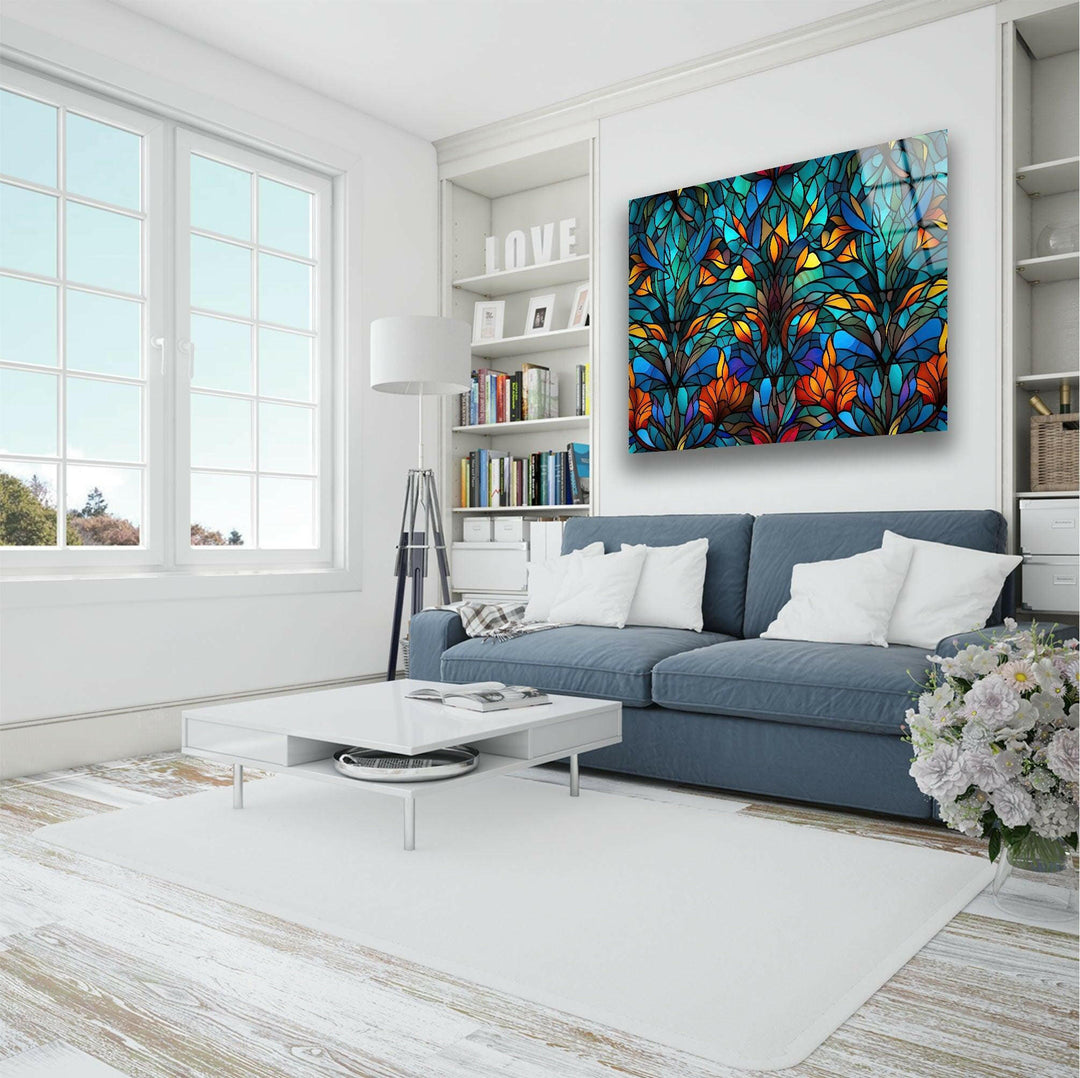 Blue Stained Geometric Glass Wall Art photo print on glass, prints on glass wall art