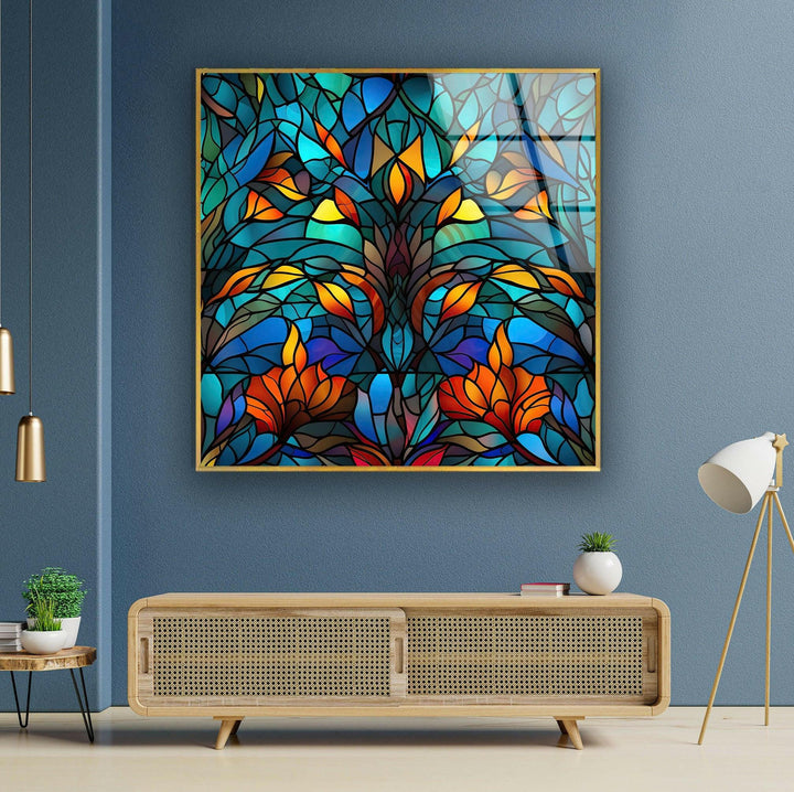 Blue Stained Geometric Glass Wall Art large glass photo prints, glass wall photos