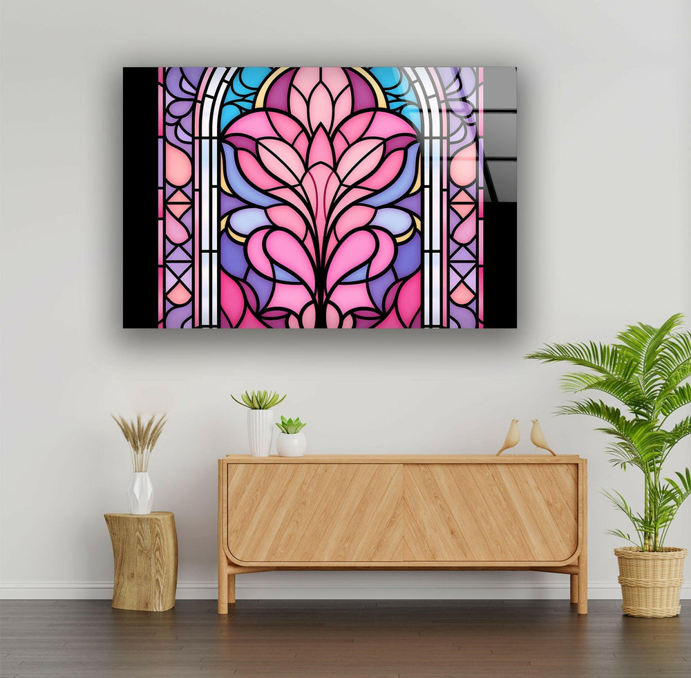 Stained Pink Floral Glass Wall Art glass image printing, glass prints from photos