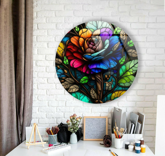 The darkest area of the stained colored rose round glass wall art enhances the vibrant colors, creating depth in these contemporary wall prints.
