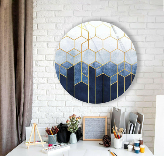 Blending watercolor-like hues within gold hexagon outlines create the softest element of this geometric round glass art painting, a captivating piece for any space.