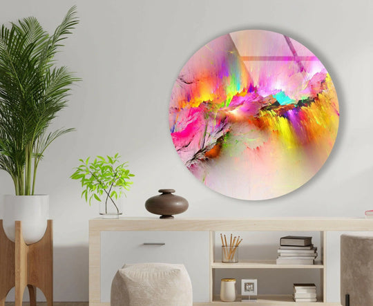 The realistic detail captures the vibrant, colorful reflective abstract round glass wall art as a stunning piece of home decoration with exceptional clarity.