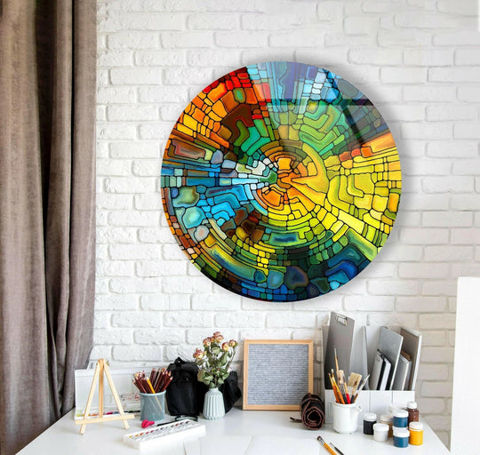 Dominating the white brick background, the round stained glass wall art highlights negative space, drawing the eye into its vibrant, geometric wall art prints.