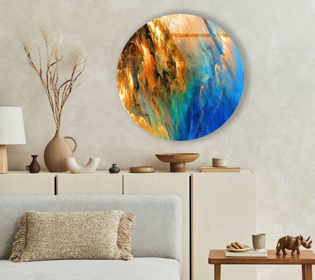 Blue & Orange Abstract Round Glass Wall Art glass photo prints, glass picture prints
