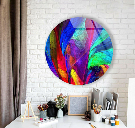 Geometric abstract design showcased in this neon colors round glass wall art creates a striking home decor focal point with its dynamic shapes.