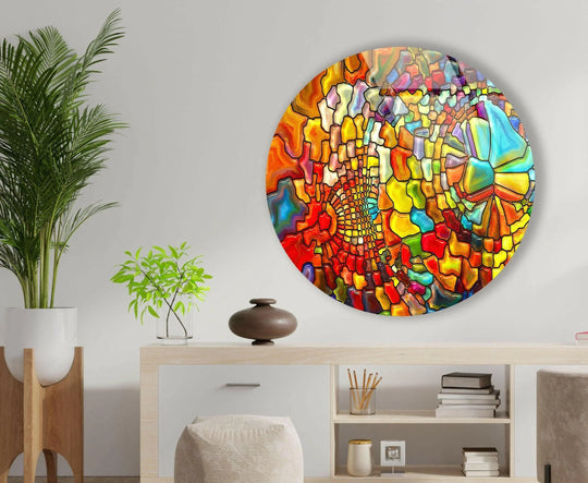 Intense color saturation defines this stained round colored stones wall art prints, creating a vibrant and mesmerizing glass decor piece.