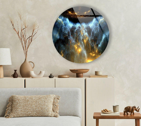 Chromatic interplay defines this round glass wall art where celestial blue melts into molten gold, offering a striking transition in this captivating print wall art.