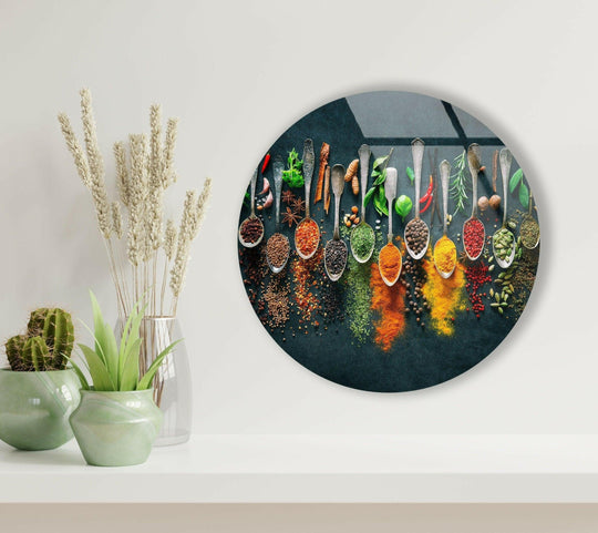 Depth and layers define this colorful herbs round glass art painting, creating a visually rich effect with the arrangement of spices and vintage spoons.