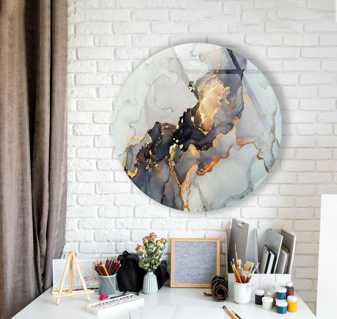 Gold Details Gray Marble Round Glass Wall Art art glass wall art, glass wall art pictures
