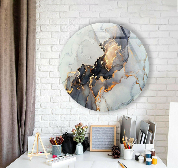Gold Details Gray Marble Round Glass Wall Art art glass wall art, glass wall art pictures
