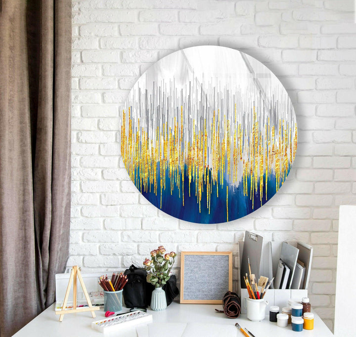 Gold Details with Blue Abstract Round Glass Wall Art glass art painting, glass art for the Wall