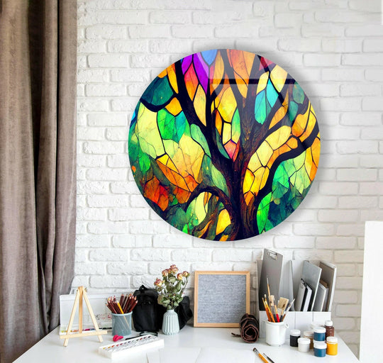 Warm hues dominate the stained round glass print wall art, with vibrant yellows and browns balanced by cooler greens and purples in this modern wall decor.