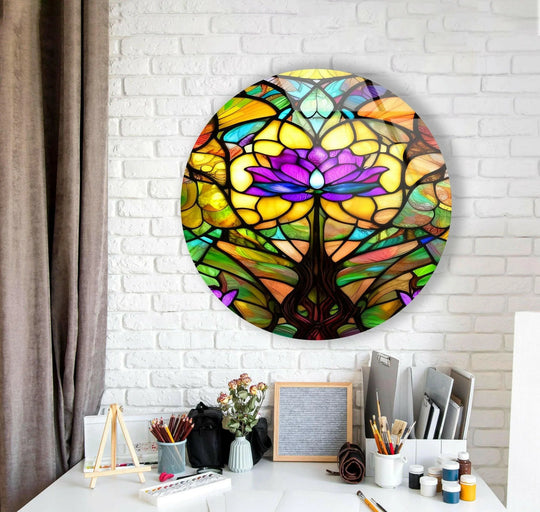 Durable stained round purple lotus glass wall artwork features vibrant, high-quality panes that compose an exquisite lotus design.