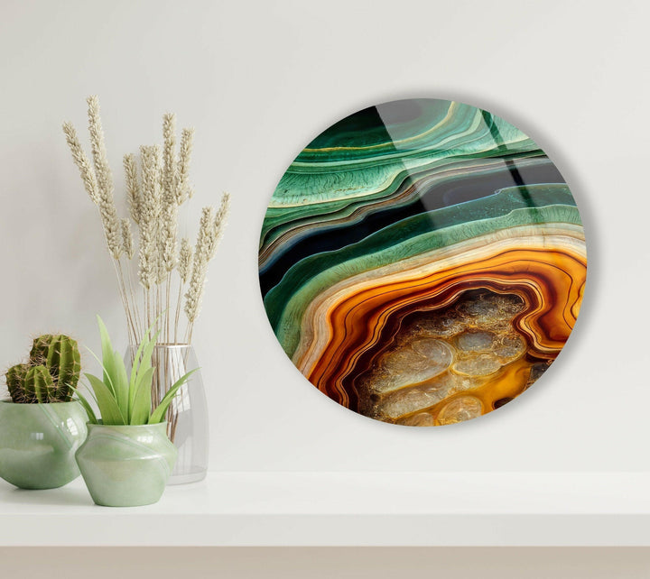 Green Gold Marble Round Glass Wall Art glass art painting, glass art for the Wall