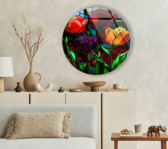 Reflecting light, the stained round colored rose glass wall art showcases a vibrant surface texture that enhances its beauty as decorative wall art.