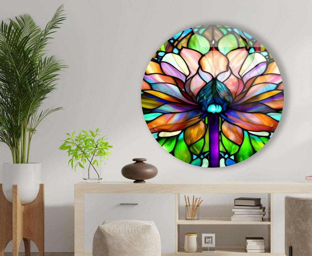 Stained Round Lotus Glass Wall Art glass pictures for Wall, glass prints wall art
