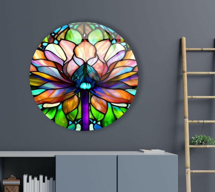 Stained Round Lotus Glass Wall Art large glass photo prints, glass wall photos
